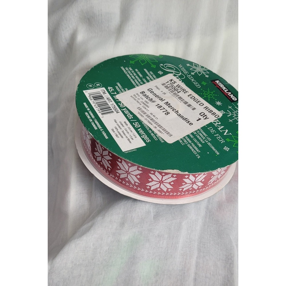 Kirkland Signature Wire-edged Ribbon Red W/White Snowflakes  1.5" 50 Yards